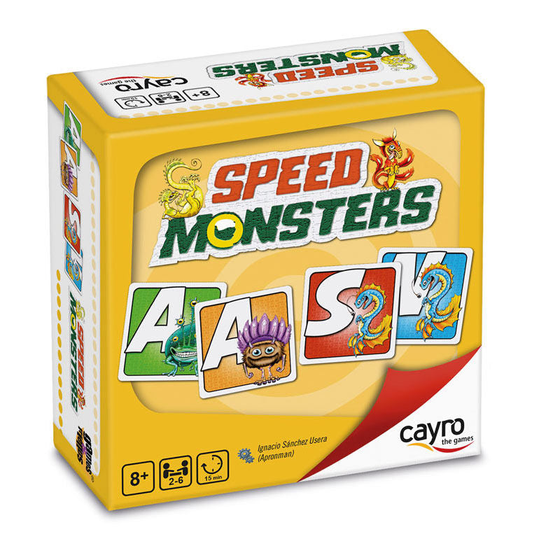 Caja del juego de mesa CAYRO Speed Monsters con tarjetas de letras y monstruos
