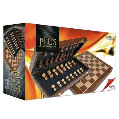 Juego de ajedrez CAYRO Plus con tablero de marquetería y estuche de madera plegable