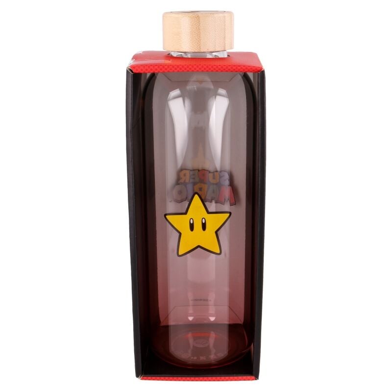 Botella de cristal Super Mario Bros con estrella amarilla en caja regalo