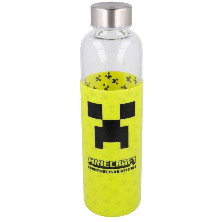 Botella de cristal Minecraft de 585 ml con funda amarilla de silicona y diseño Creeper