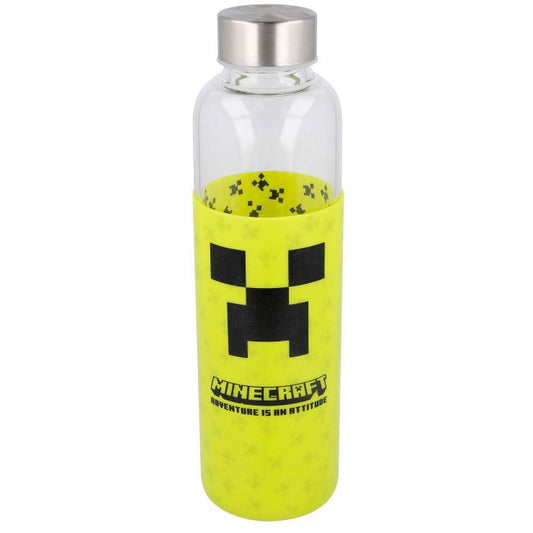 Botella de cristal Minecraft de 585 ml con funda amarilla de silicona y diseño Creeper