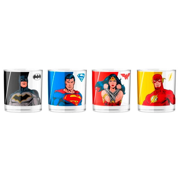 Set de 4 mini vasos DC Comics con Batman, Superman, Wonder Woman y Flash