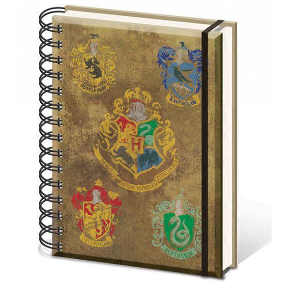 Cuaderno A5 Harry Potter con escudo de Hogwarts y las cuatro casas
