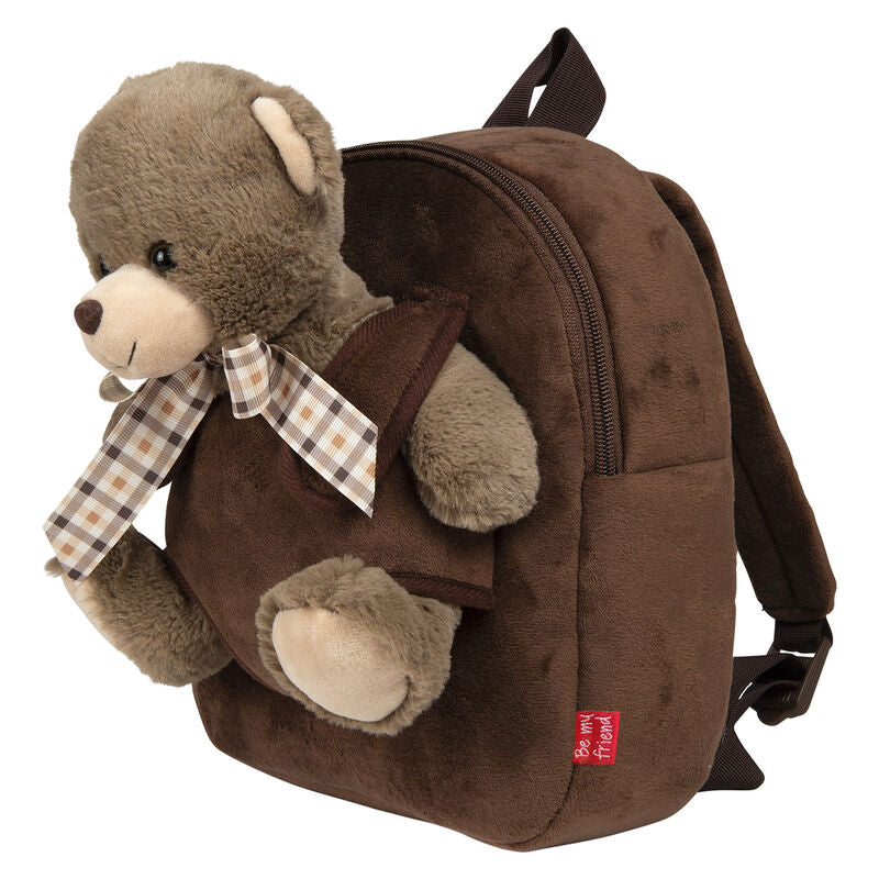 Mochila marrón PERLETTI con peluche de oso Tommy y lazo de cuadros - 3