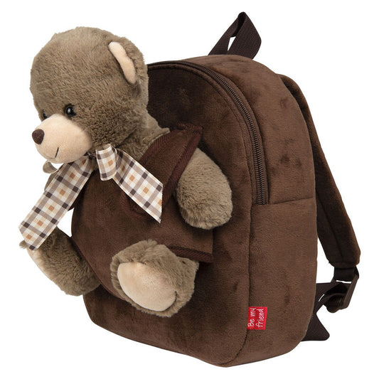Mochila marrón PERLETTI con peluche de oso Tommy y lazo de cuadros - 3