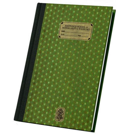 Cuaderno verde de Slytherin de Harry Potter con escudo y placa de Hogwarts
