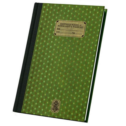 Cuaderno verde de Slytherin de Harry Potter con escudo y placa de Hogwarts