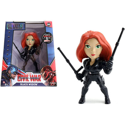 Figura de metal de Black Widow Marvel de 10 cm con traje negro y bastones
