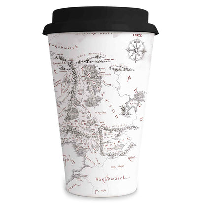 Taza de viaje de El Señor de los Anillos con mapa de la Tierra Media