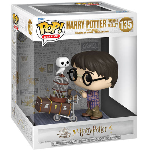 Figura Funko POP! de Harry Potter empujando un carrito con maletas y un búho blanco - 3