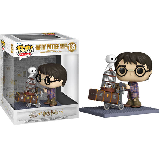 Figura Funko POP! de Harry Potter empujando un carrito con maletas y un búho blanco - 2