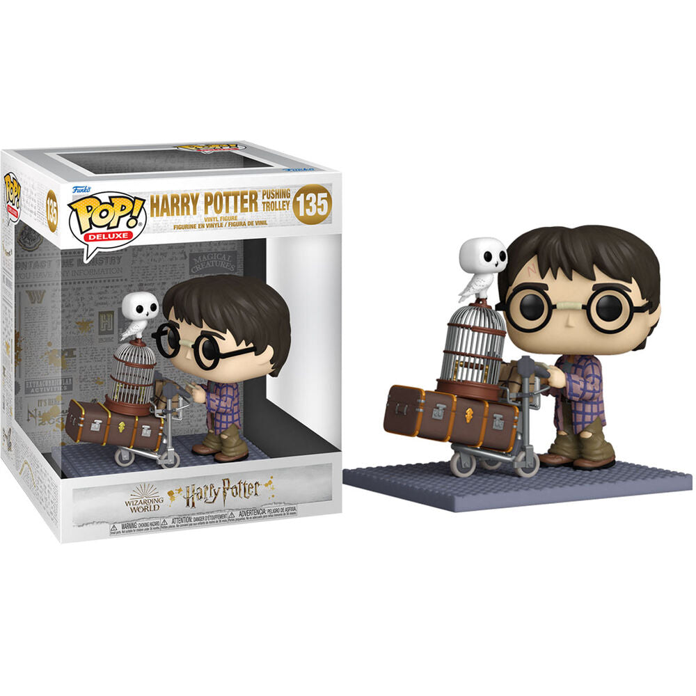 Figura Funko POP! de Harry Potter empujando un carrito con maletas y un búho blanco - 2