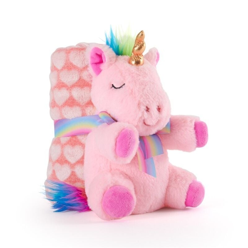 Peluche unicornio rosa Lily con manta de corazones y detalles arcoíris