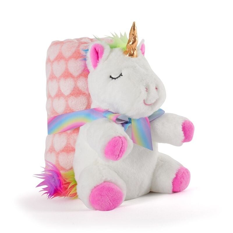 Peluche unicornio PERLETTI con manta rosa de corazones