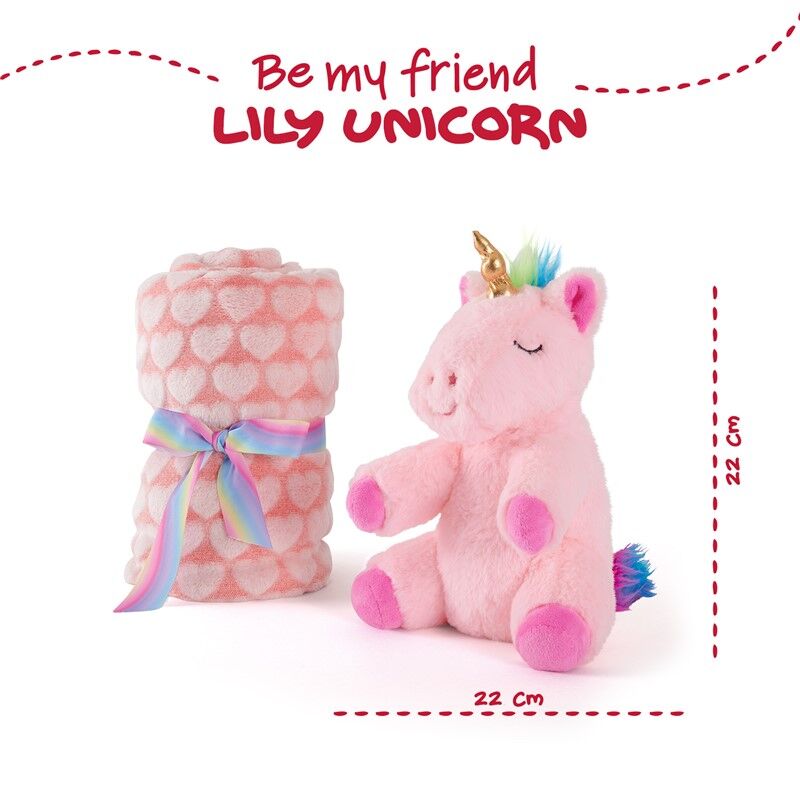 Peluche unicornio rosa Lily con manta de corazones y detalles arcoíris - 2