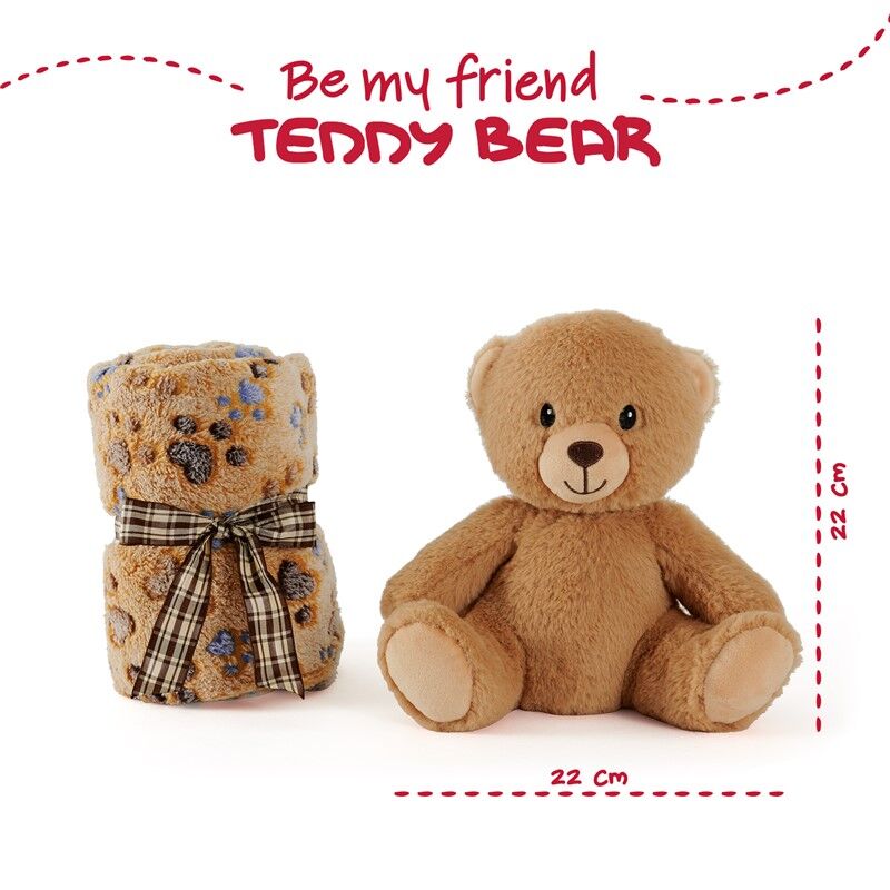 Oso Teddy de peluche marrón con manta estampada y lazo de cuadros - 2