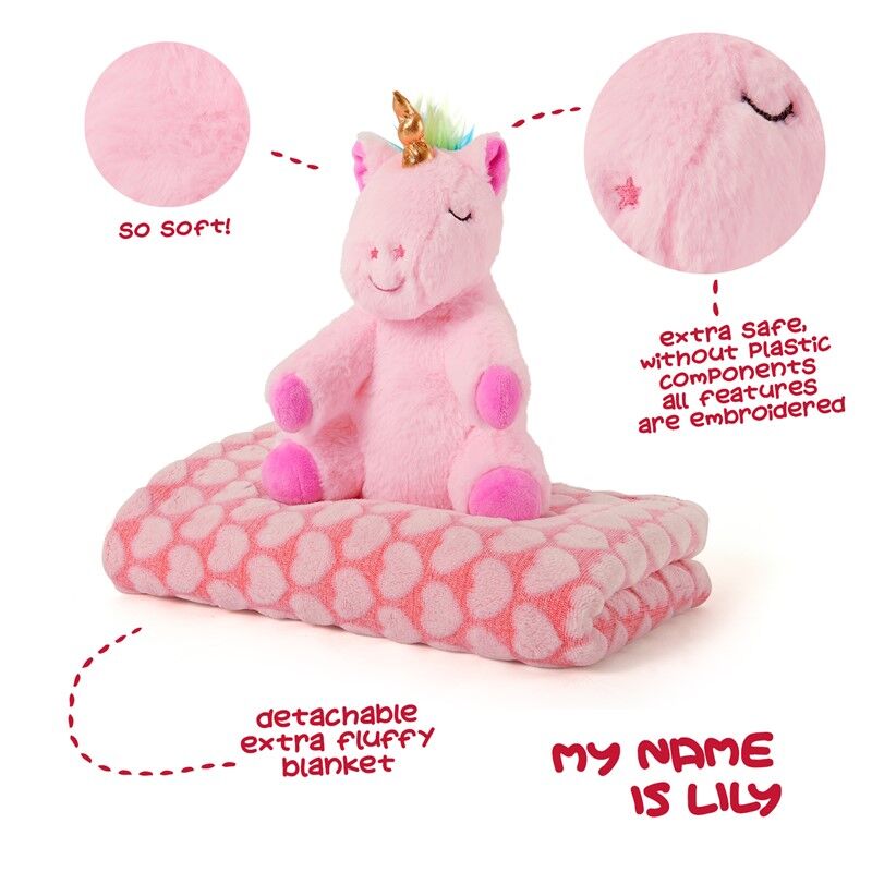 Peluche unicornio rosa Lily con manta de corazones y detalles arcoíris - 3