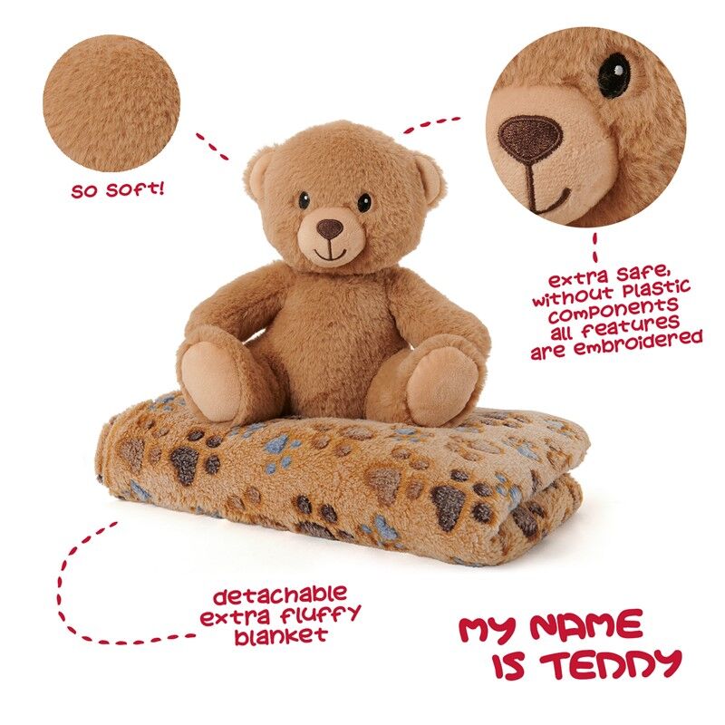 Oso Teddy de peluche marrón con manta estampada y lazo de cuadros - 3