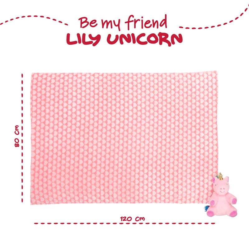 Peluche unicornio rosa Lily con manta de corazones y detalles arcoíris - 4