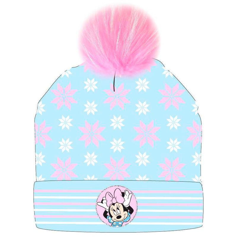 Gorro azul de Minnie Disney con pompón rosa y copos de nieve