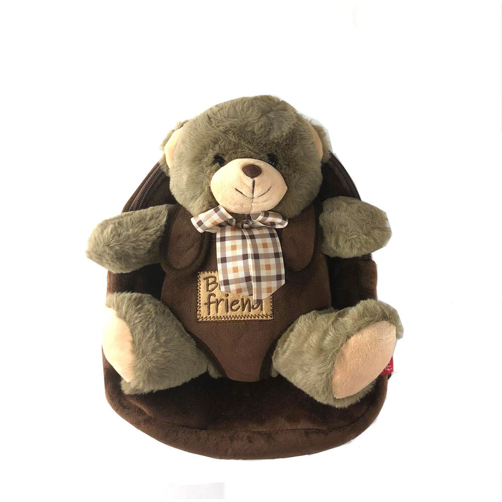 Mochila marrón PERLETTI con peluche de oso Tommy y lazo de cuadros - 2
