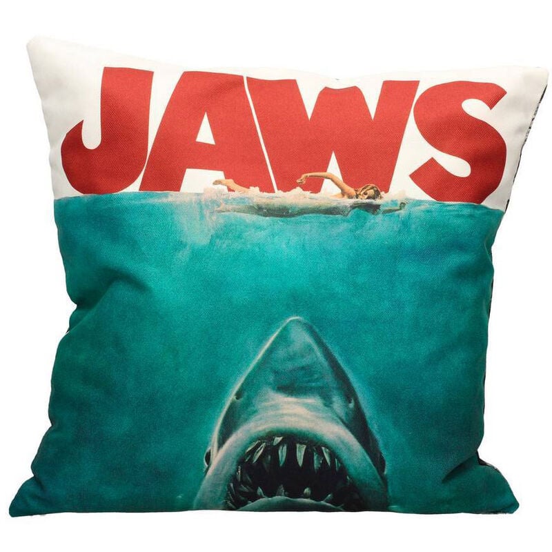 Cojín Jaws con tiburón y letras rojas
