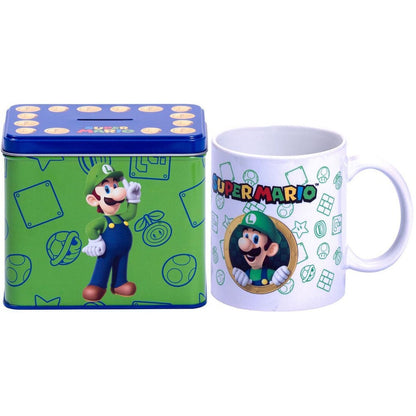 Hucha metálica y taza de cerámica de Luigi de Super Mario Bros