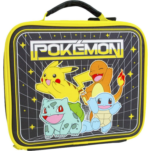 Bolsa portameriendas térmica Pokémon amarilla y negra con Pikachu, Charmander, Bulbasaur y Squirtle