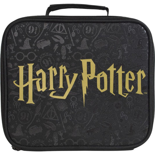 Bolsa portamerienda térmica negra con logotipo dorado de Harry Potter