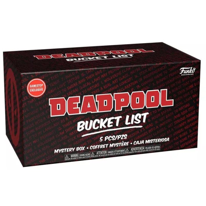 Kit Mistery Box Deadpool Bucket List de FUNKO con caja ilustrada