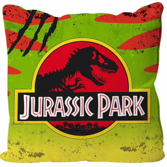 Cojín verde y rojo con logotipo de Jurassic Park y esqueleto de dinosaurio