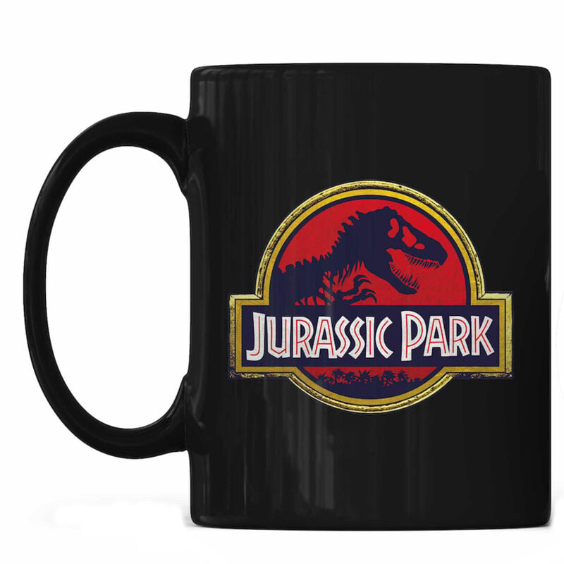 Taza negra de cerámica con logo de Jurassic Park y dinosaurio