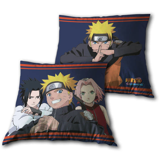 Cojín Naruto Shippuden azul con Naruto, Sasuke y Sakura