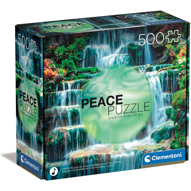 Caja del puzzle The Flow Clementoni de 500 piezas con cascadas en un bosque