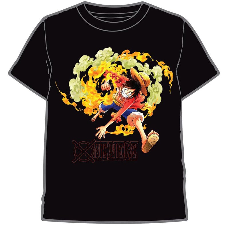 Camiseta negra de One Piece con Luffy en acción
