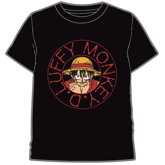 Camiseta negra de Luffy de One Piece con estampado frontal