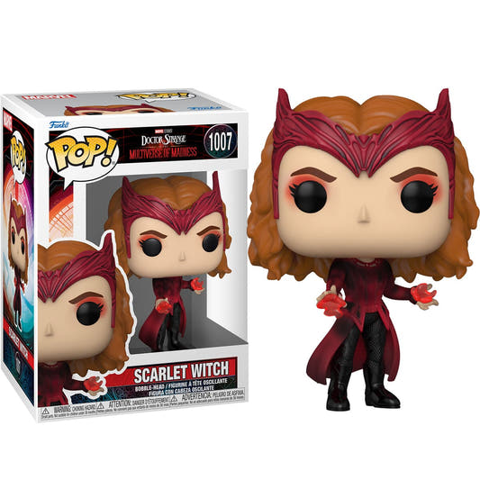 Figura Funko POP! de Scarlet Witch con atuendo rojo y caja con ventana