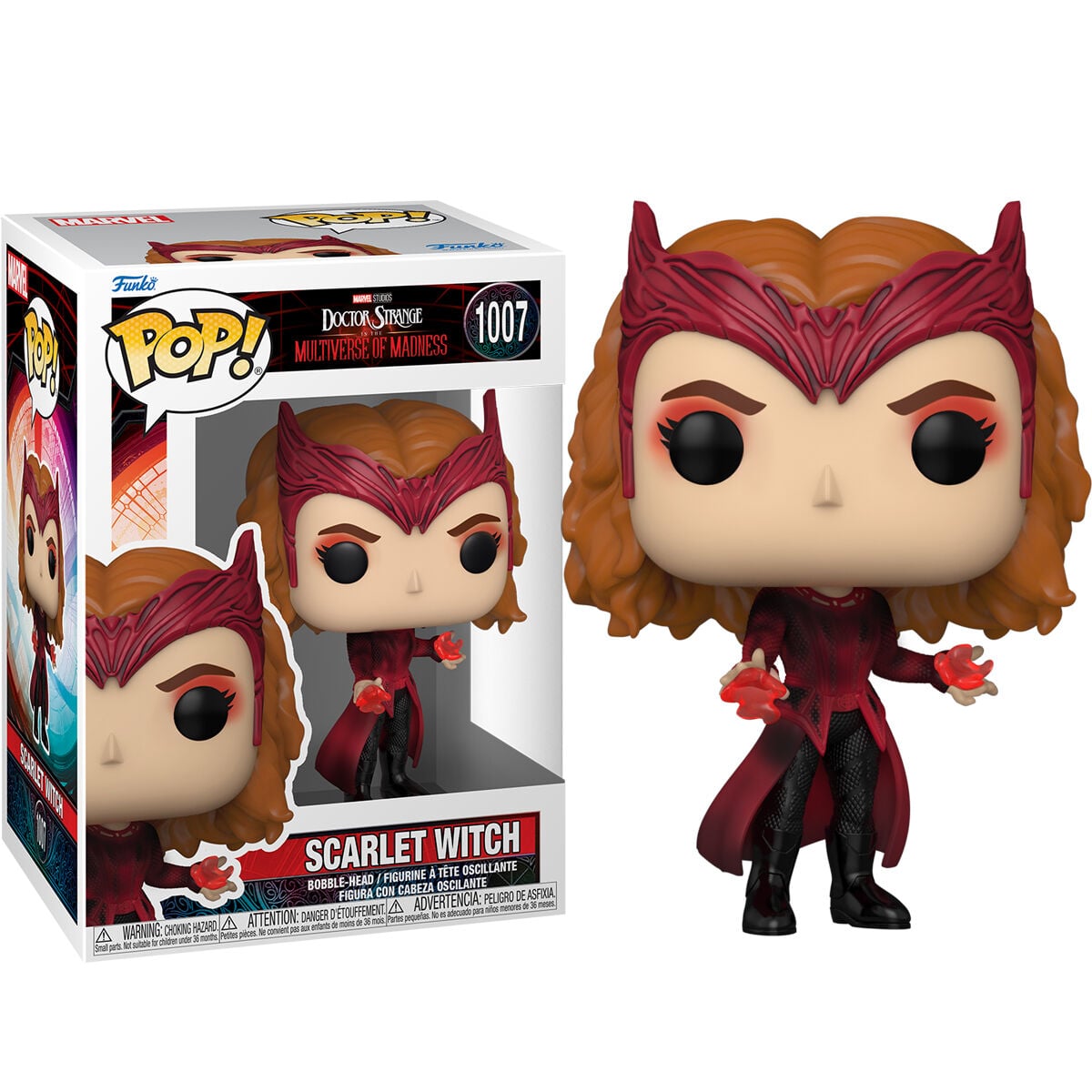 Figura Funko POP! de Scarlet Witch con atuendo rojo y caja con ventana