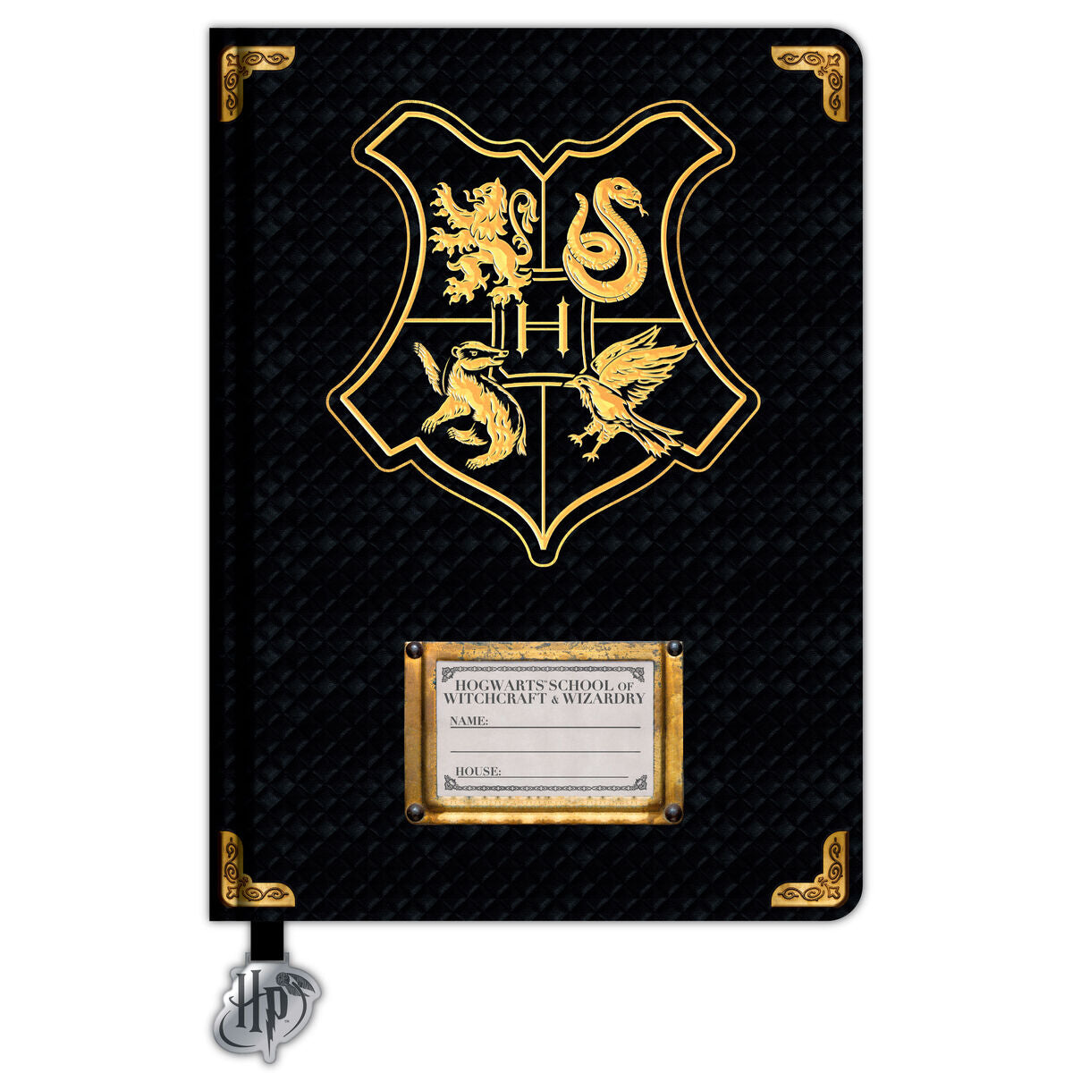Cuaderno A5 de Harry Potter con escudo dorado de Hogwarts sobre portada negra