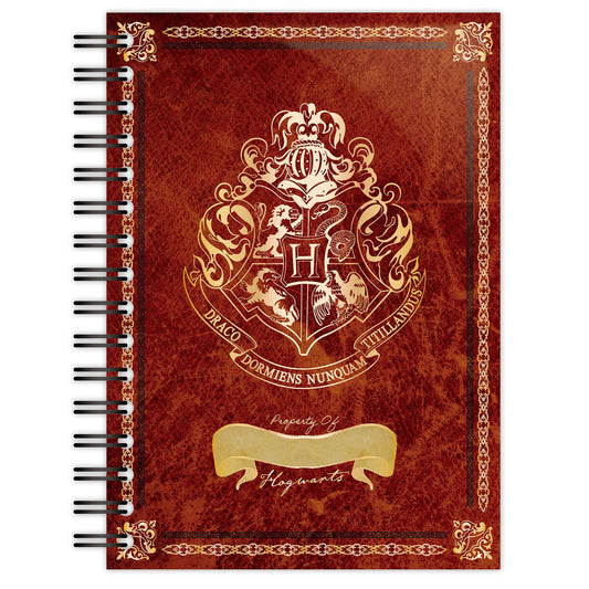 Cuaderno A5 con espiral y escudo de Hogwarts