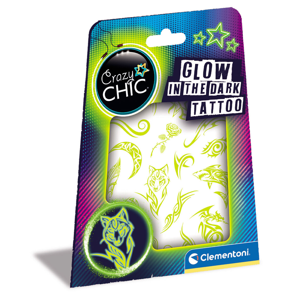 Tatuajes Crazy Chic Clementoni con diseños que brillan en la oscuridad