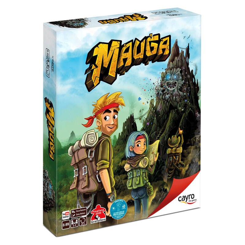 Caja del juego de mesa Mauga de CAYRO con exploradores y un guardián en la montaña