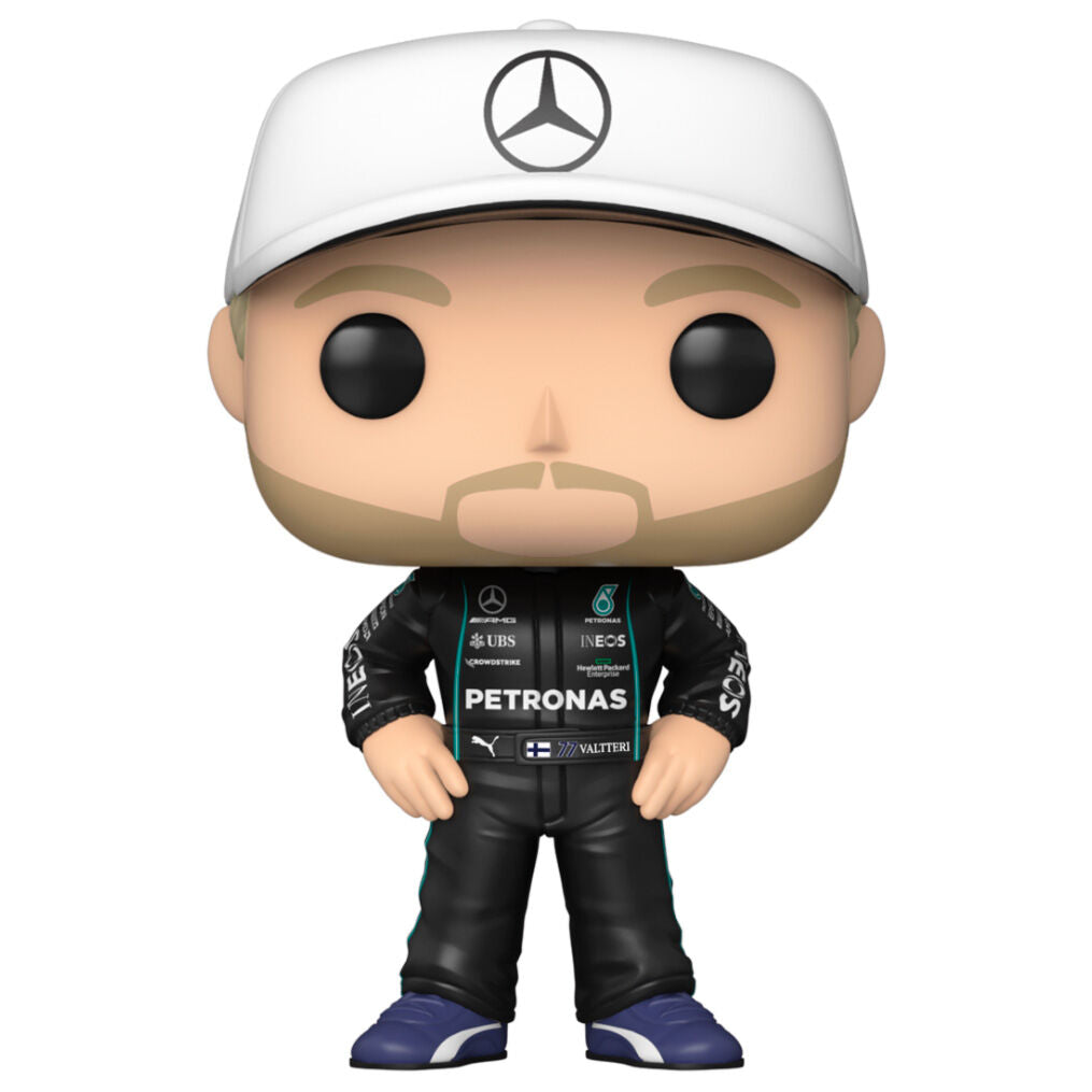 Figura Funko POP! de Valtteri Bottas con gorra blanca y mono negro