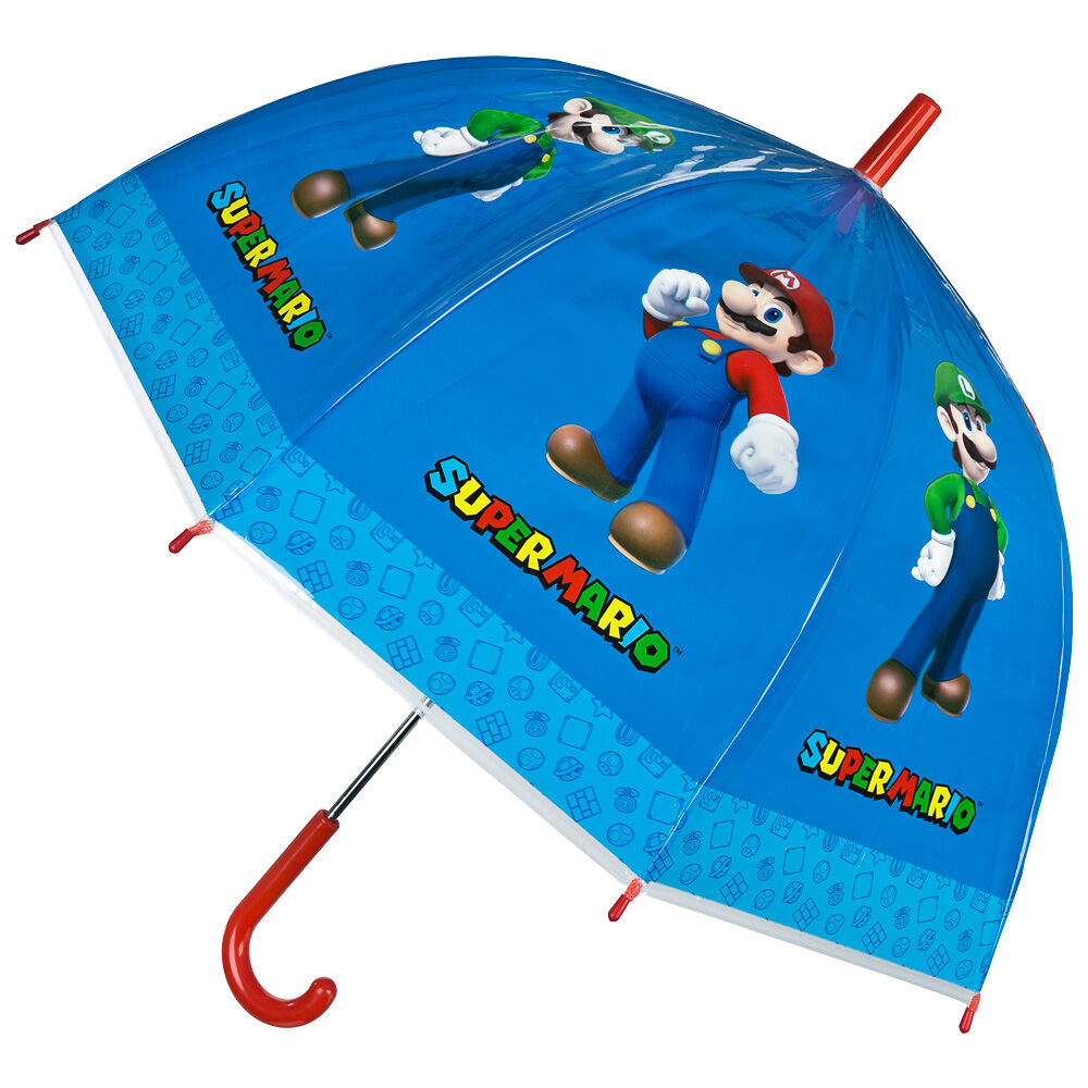 Paraguas azul de Super Mario Bros con Mario, Luigi y mango rojo