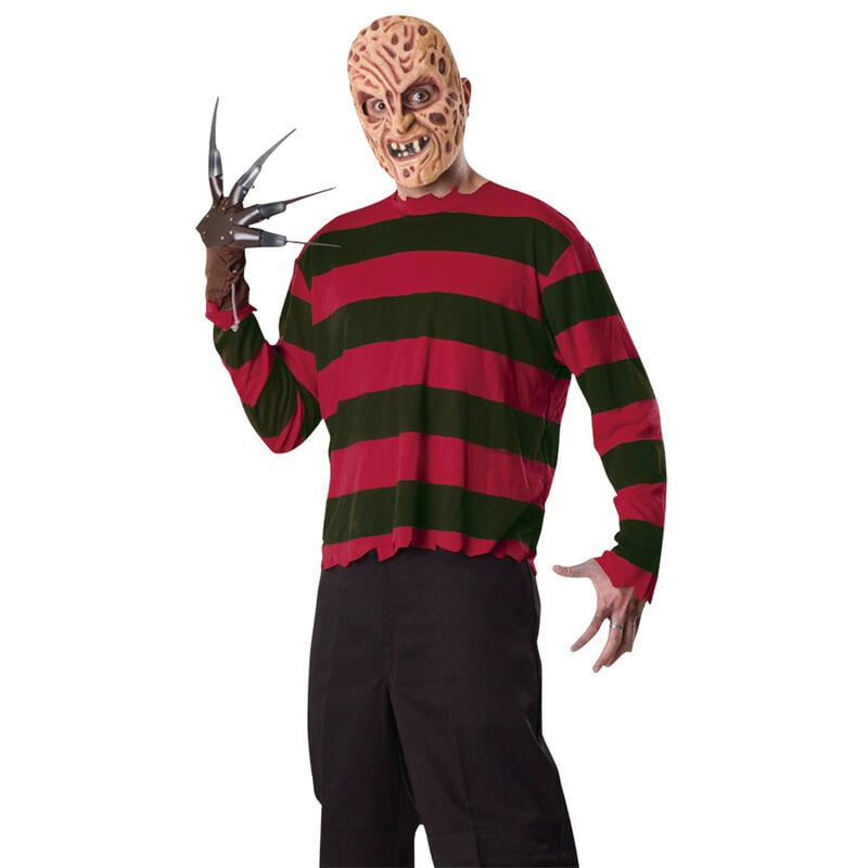 Kit de disfraz adulto de Freddy Krueger con camiseta a rayas, máscara y guante con cuchillas
