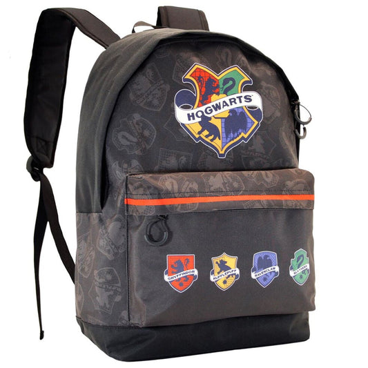 Mochila College Harry Potter con escudo de Hogwarts y emblemas de las cuatro casas