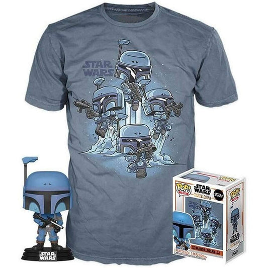 Set Funko POP y camiseta gris de Star Wars The Mandalorian