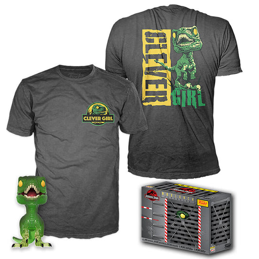 Set Jurassic Park con camiseta gris y figura Funko POP de velociraptor - 7