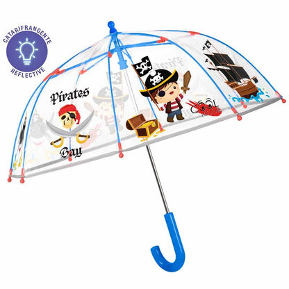 Paraguas transparente Perletti con diseño de piratas y mango azul