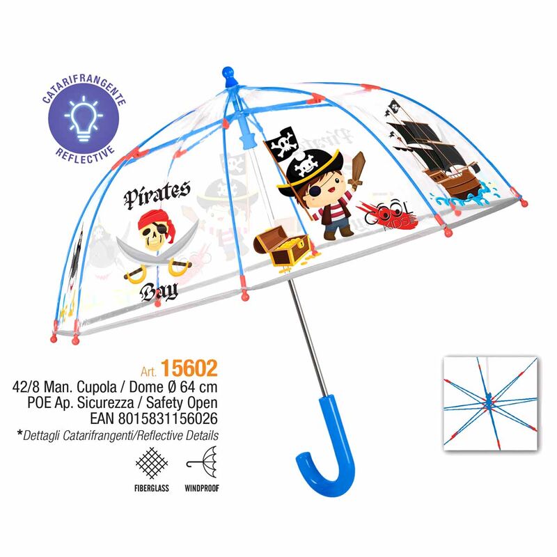 Paraguas transparente Perletti con diseño de piratas y mango azul - 2